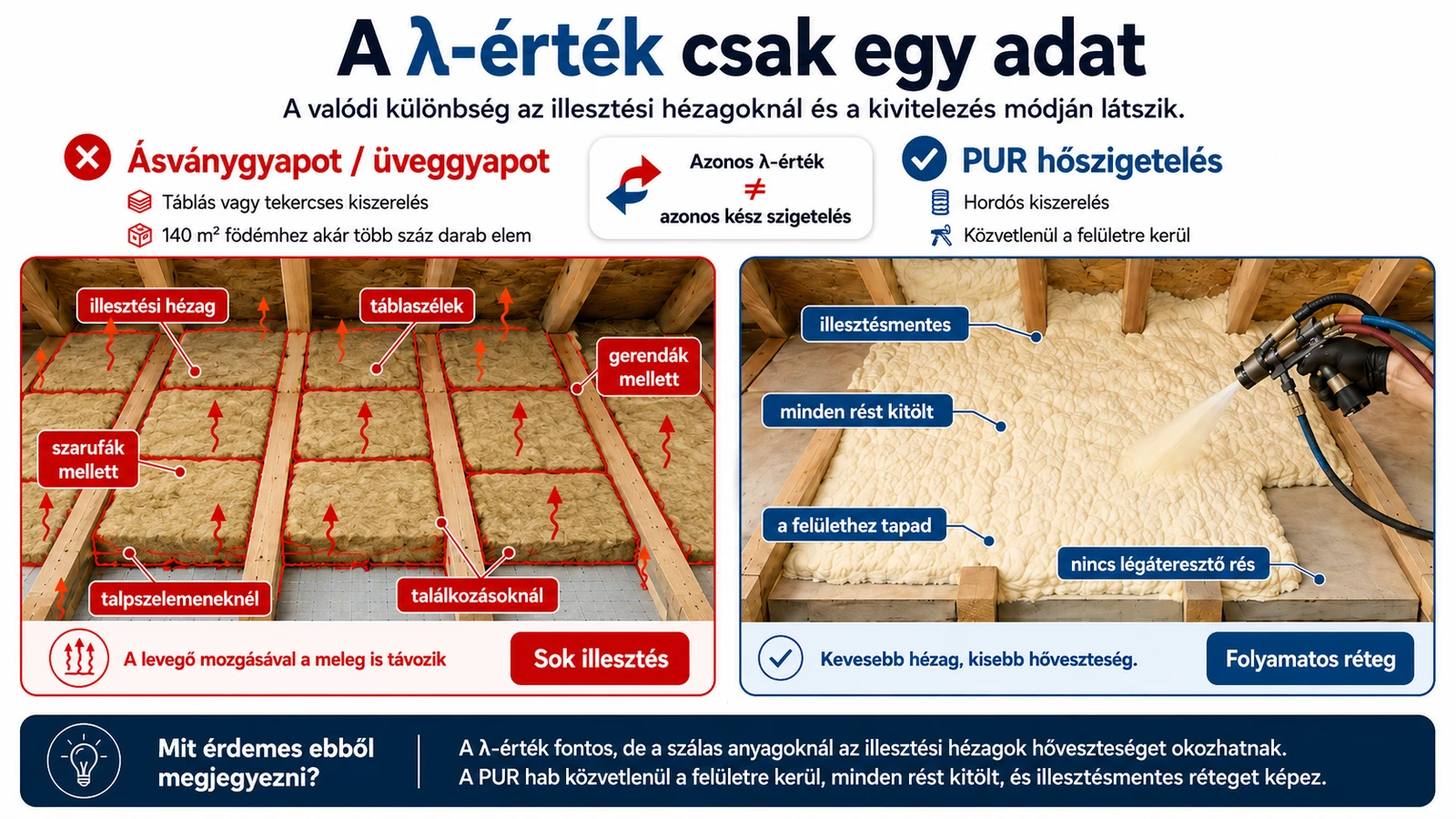 A lambdaérték és a kész szigetelés folytonosságának különbségét bemutató grafika.