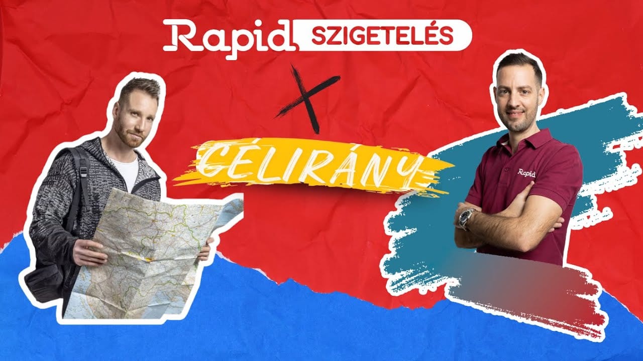 Az RTL Célirány című műsorának nyitóképe a Rapidszigetelés logójával: térképet tartó férfi és a cég pólóját viselő munkatárs